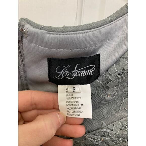 La Femme Dress Size 6 Lace Gown Formal Off The Shoulder Platinum 27982 NWT - Picture 5 of 9